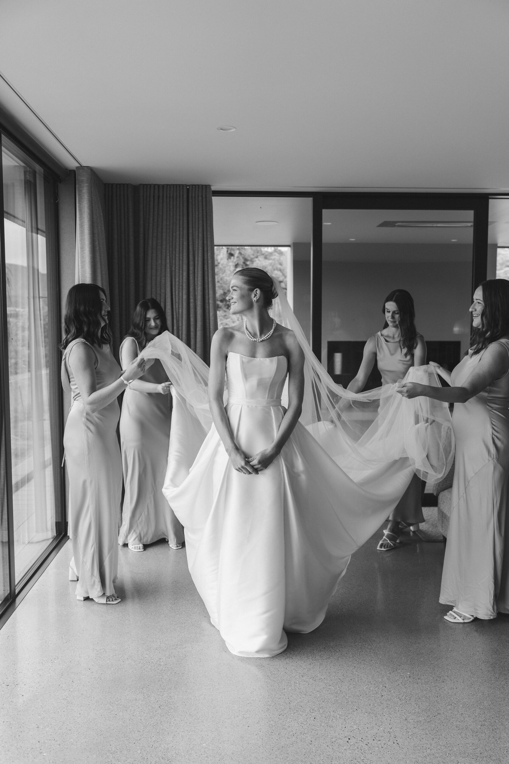 Bridal party in black and white